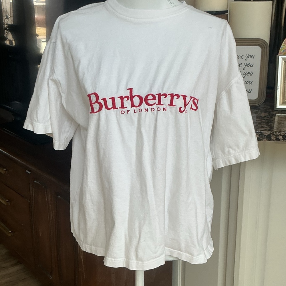 Vintage Burberry of London Spell Out Red Embroidered Cotton Tee Women’s Size L